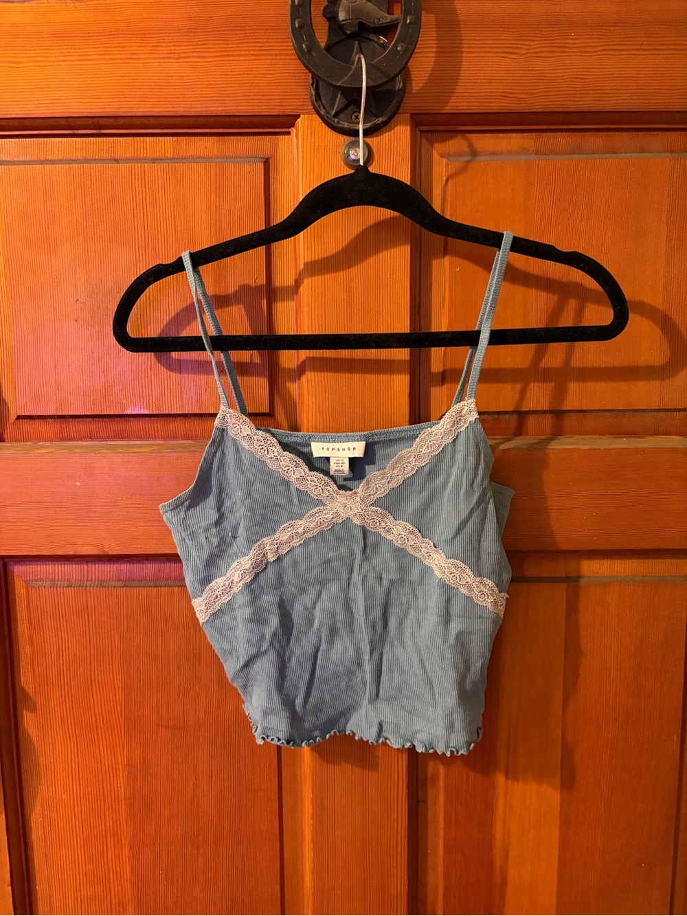 Topshop Dusty Blue Ribbed Lace-Trim Crop Cami